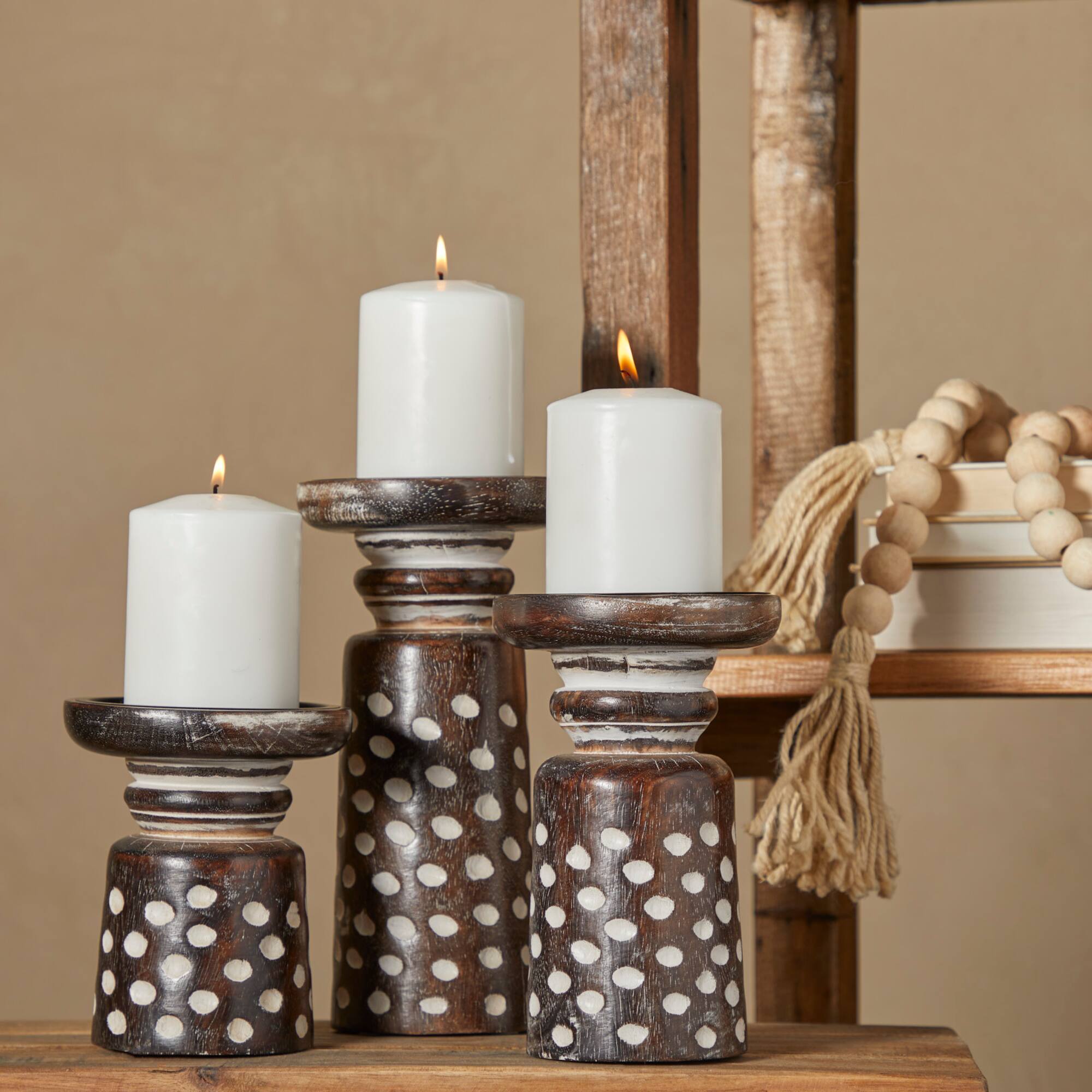 Dark Brown Mango Wood Round Carved Dotted Pillar Candle Holder Set